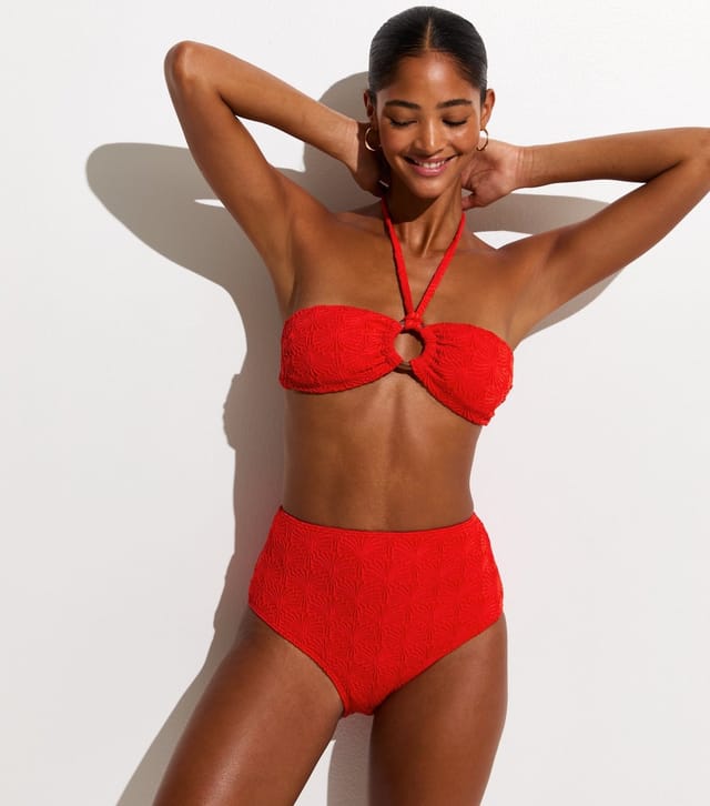 New Look Women's Bright Red Textured Halter Neck Bandeau Bikini Top New Look - 3