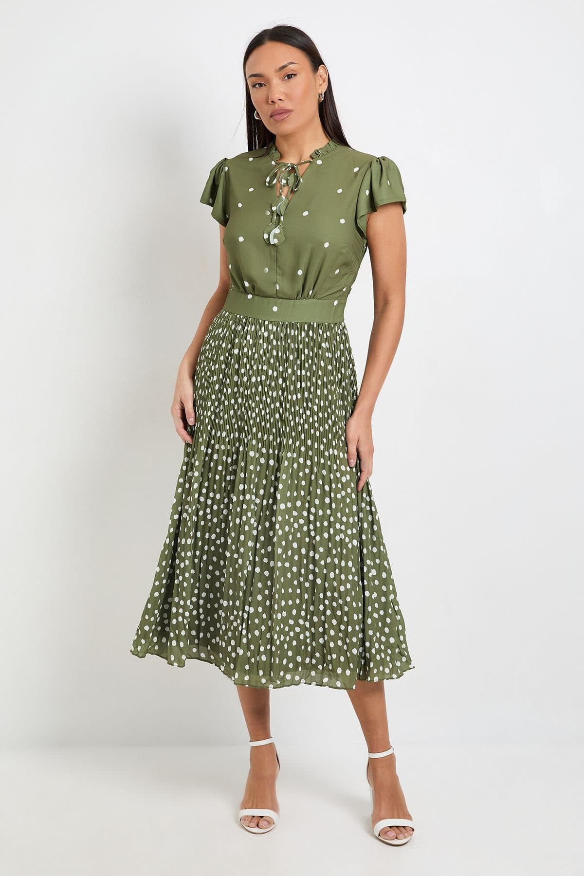 Wallis Wallis Women's Polka Dot Ruffle Neck Pleated Midi Dress in Olive