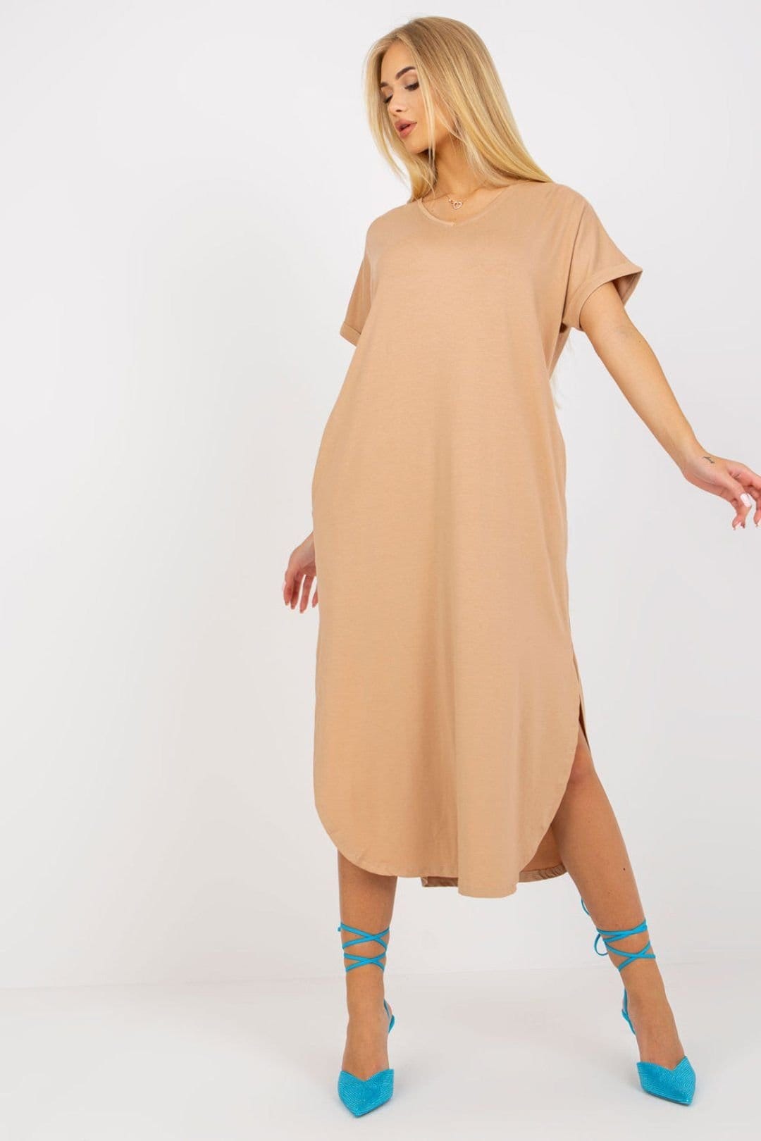 Love Lace Beige Short Sleeve Pocket Slit Dress
