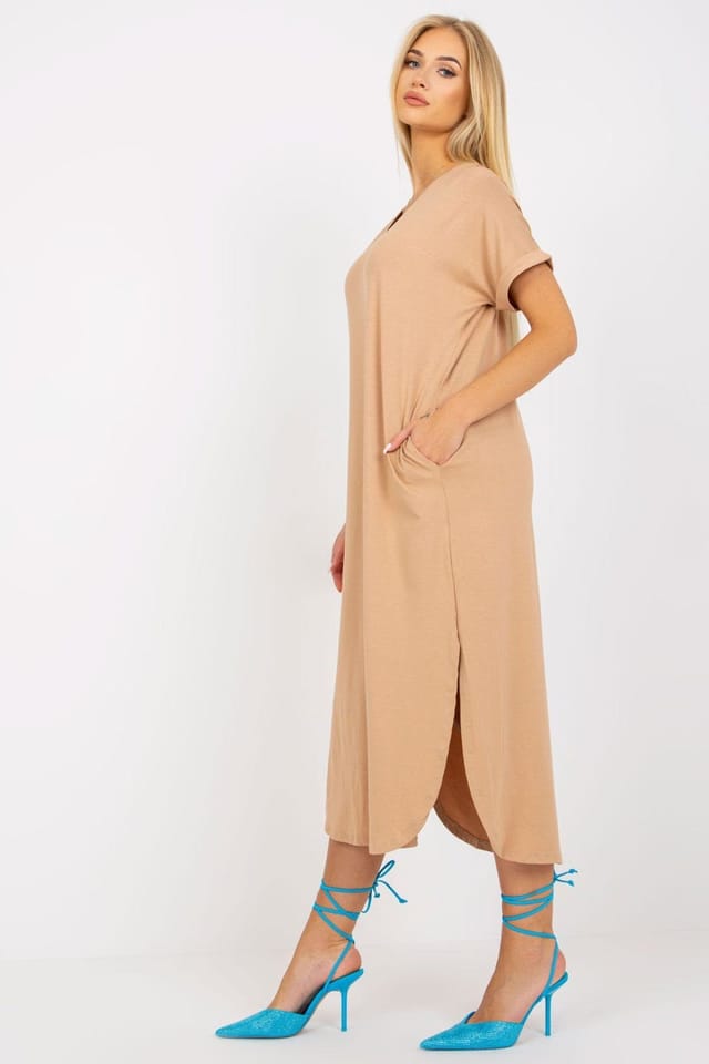Love Lace Love Lace Women's Short Sleeve Dress With Pockets Slits in Beige - 2
