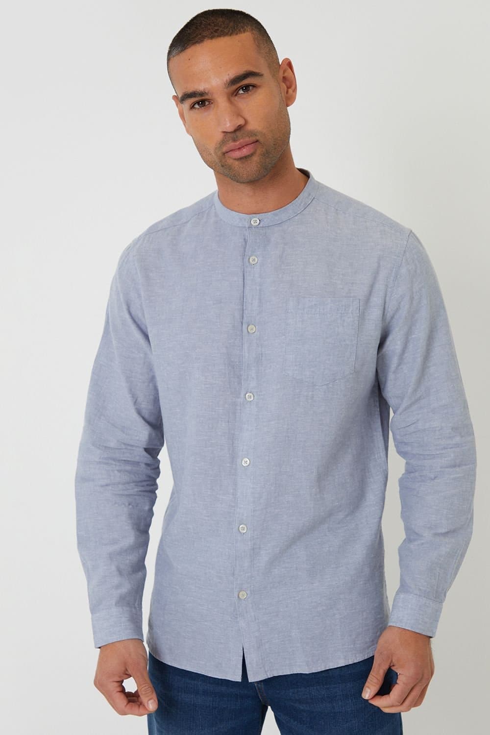 Threadbare Threadbare Men's Linen Blend Long Sleeve Grandad Collar Shirt in Blue