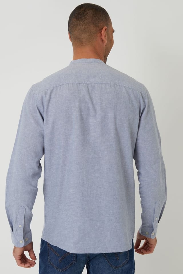 Threadbare Threadbare Men's Linen Blend Long Sleeve Grandad Collar Shirt in Blue - 2
