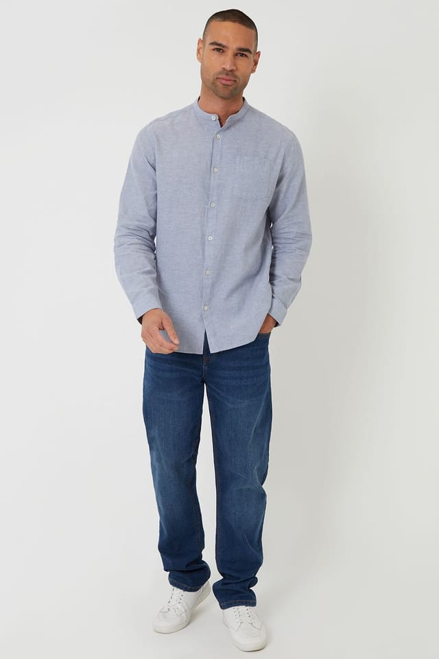 Threadbare Threadbare Men's Linen Blend Long Sleeve Grandad Collar Shirt in Blue - 3