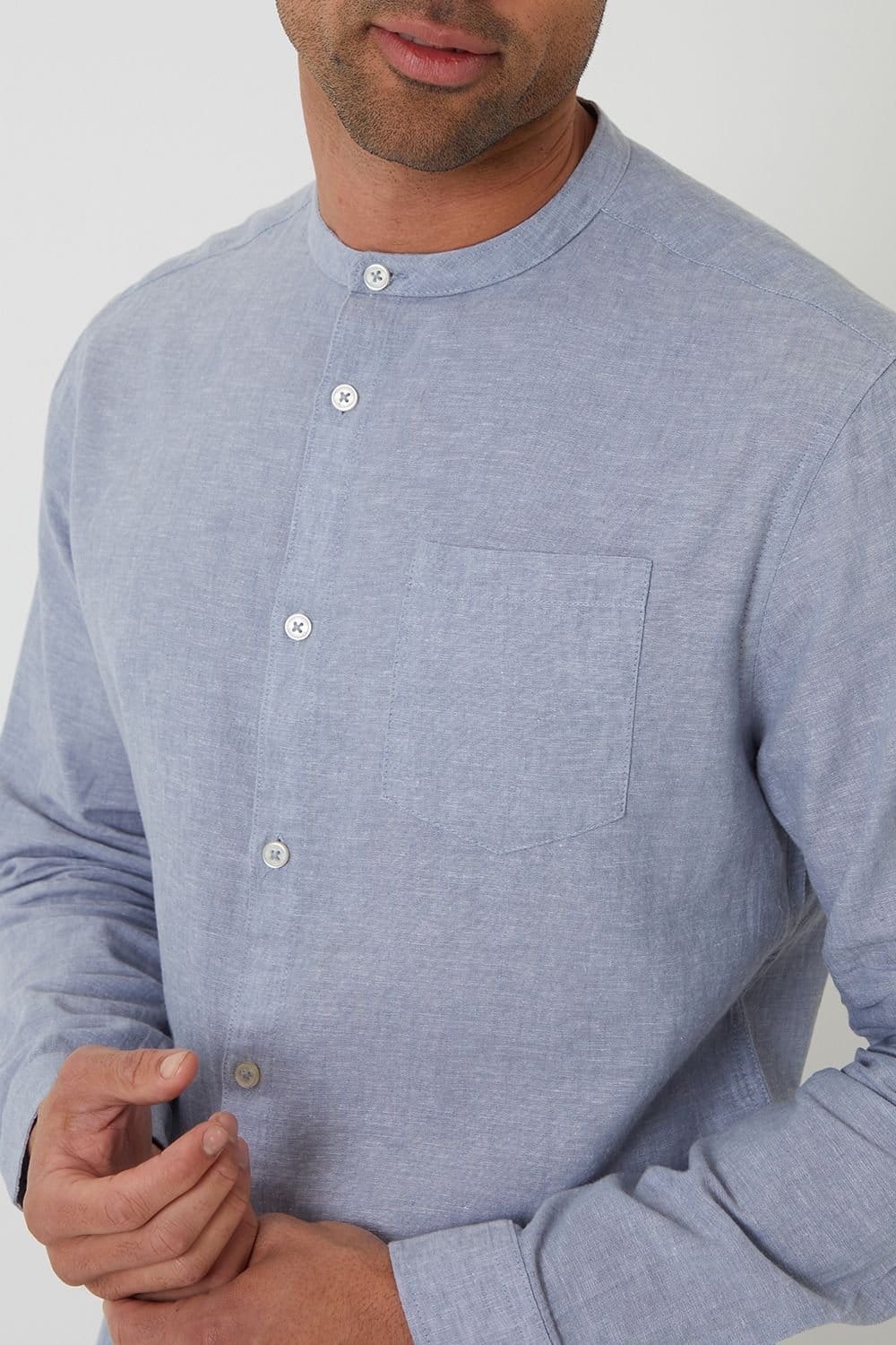 Threadbare Threadbare Men's Linen Blend Long Sleeve Grandad Collar Shirt in Blue - 4