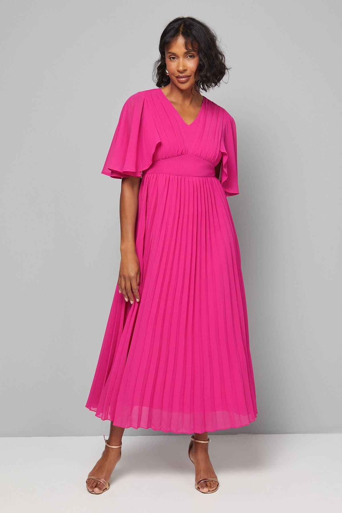 Wallis Wallis Women's Pleated Cape Sleeve Midi Dress in Pink