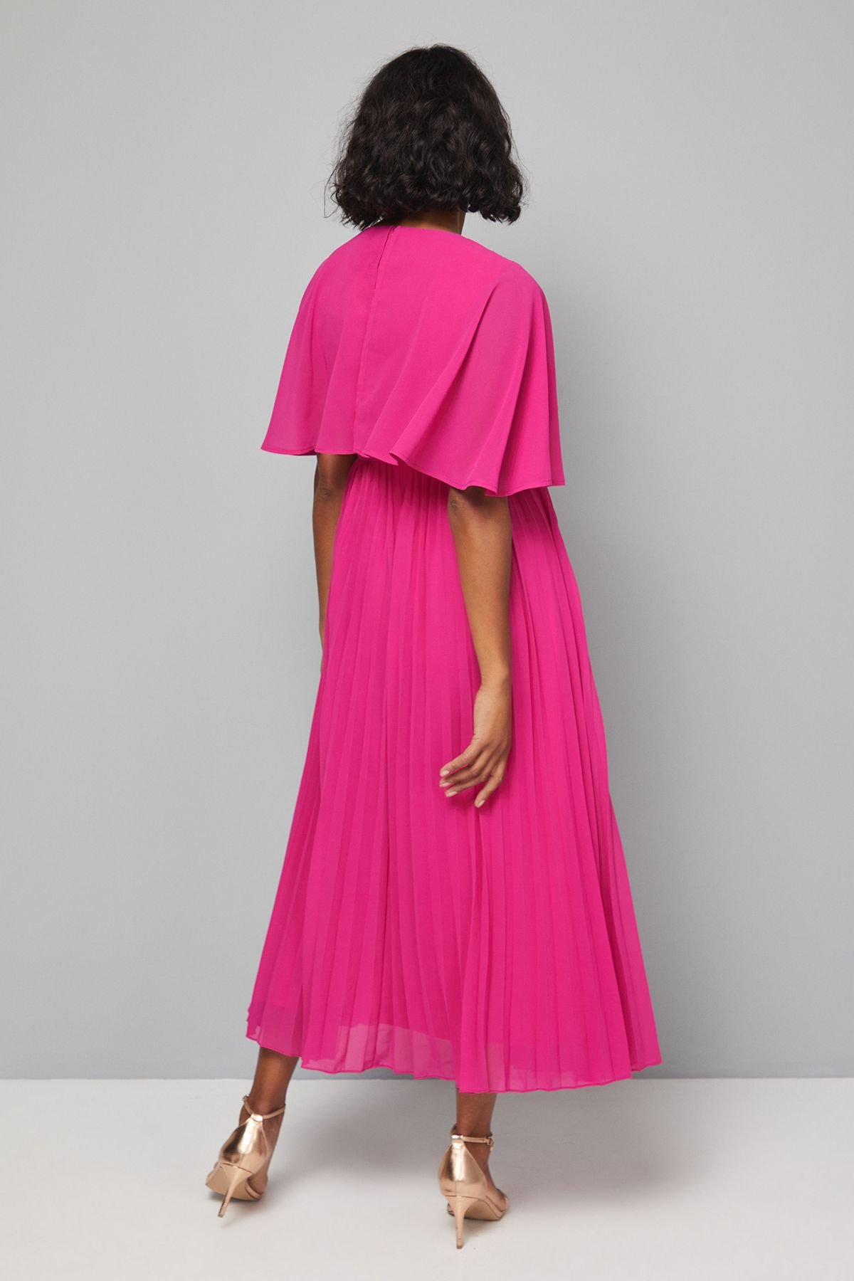 Wallis Wallis Women's Pleated Cape Sleeve Midi Dress in Pink - 3