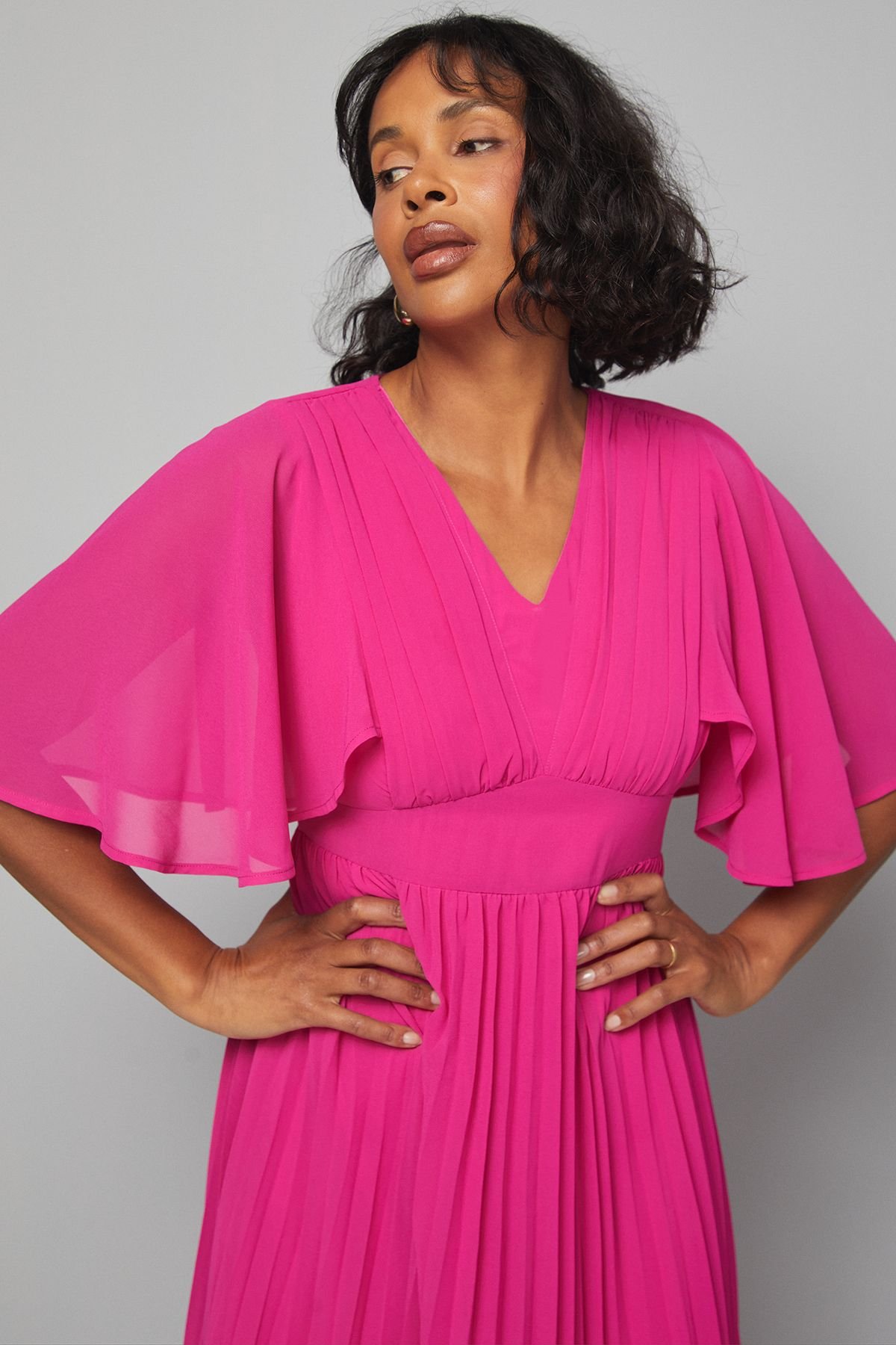 Wallis Wallis Women's Pleated Cape Sleeve Midi Dress in Pink - 4