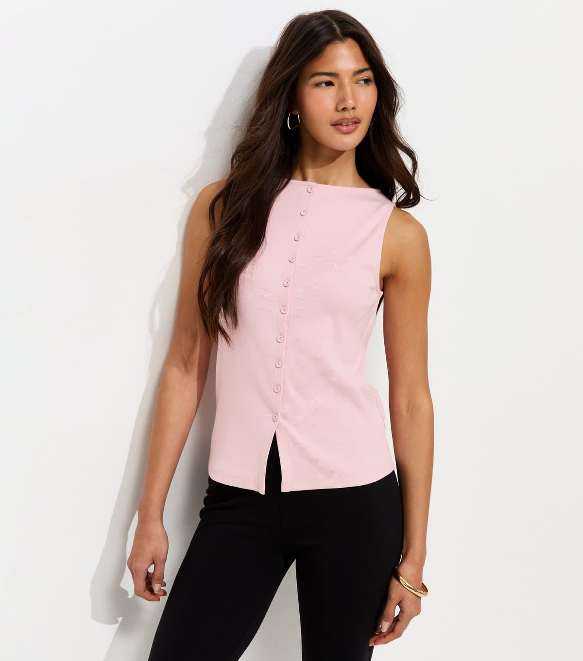 New Look Women's Bright Pink Cotton Rich Button Through Tank Top New Look