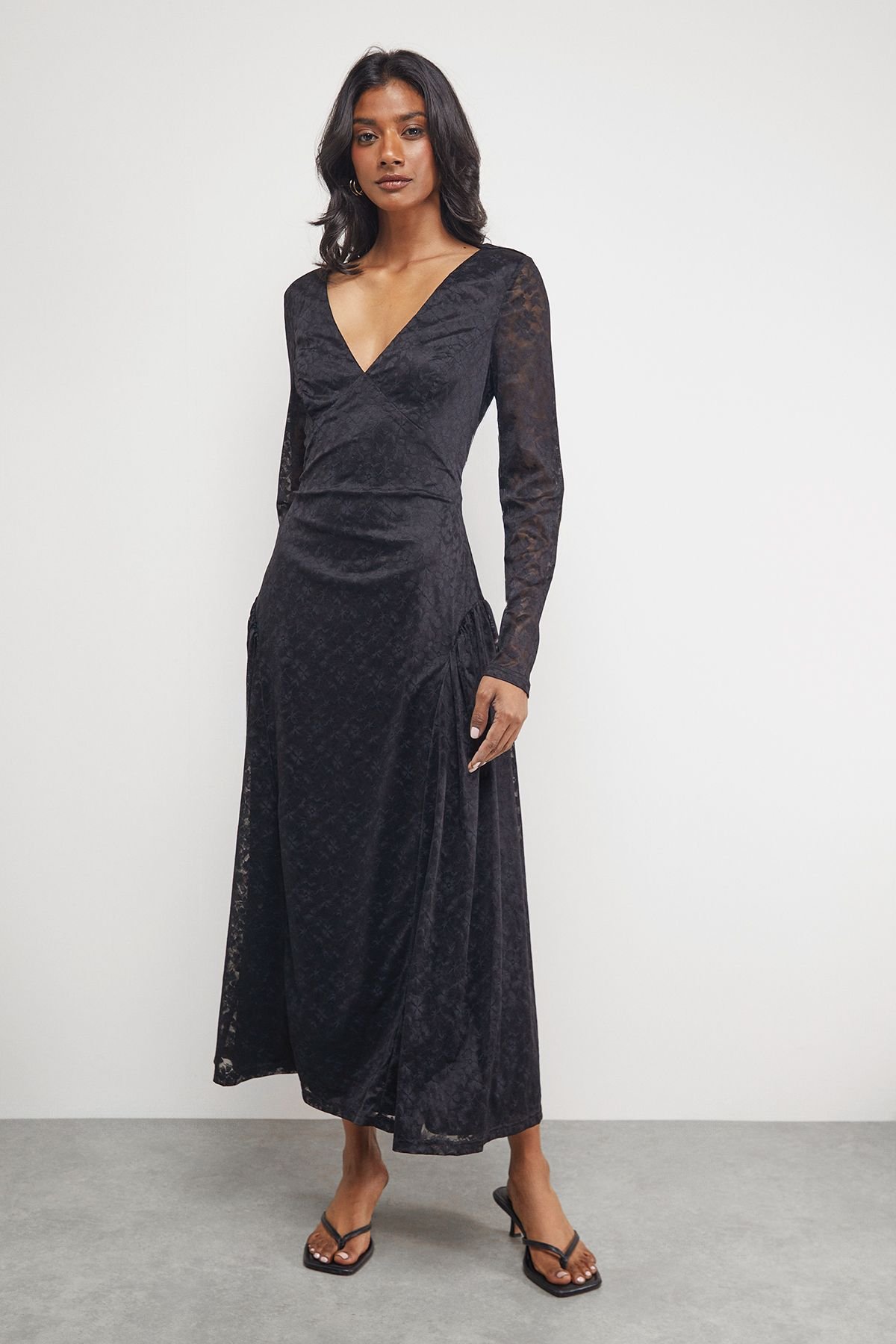 Warehouse Warehouse Women's Lace V Neck Godet Detail Midi Dress in Black - 2