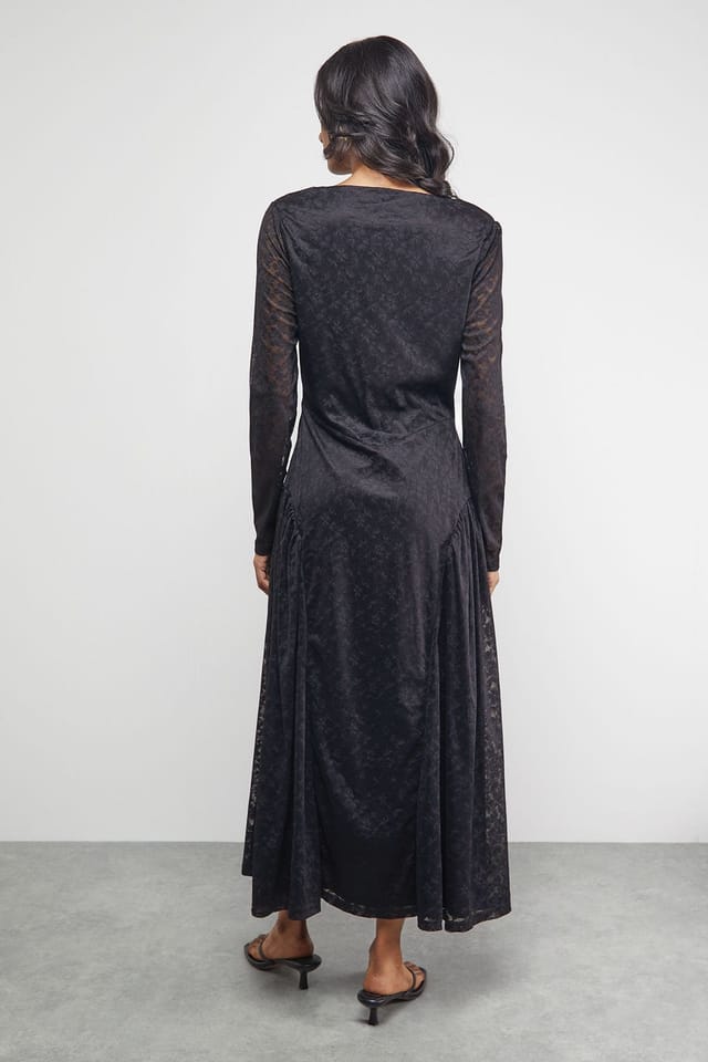 Warehouse Warehouse Women's Lace V Neck Godet Detail Midi Dress in Black - 3