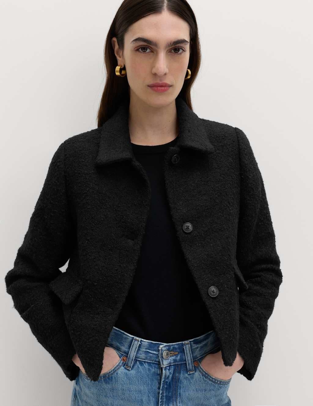 Marks & Spencer M&S Tweed Textured Collared Jacket with Wool Black