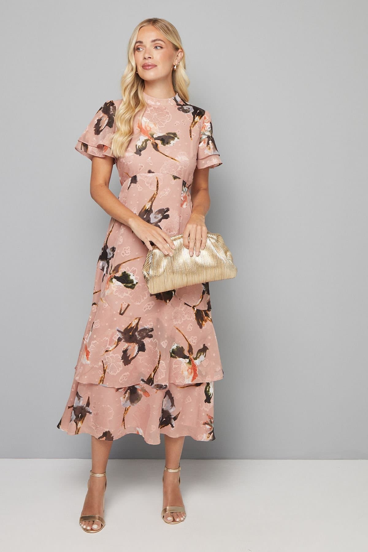 Wallis Wallis Women's Petite Floral Burn Out Ruffle Midi Dress in Blush