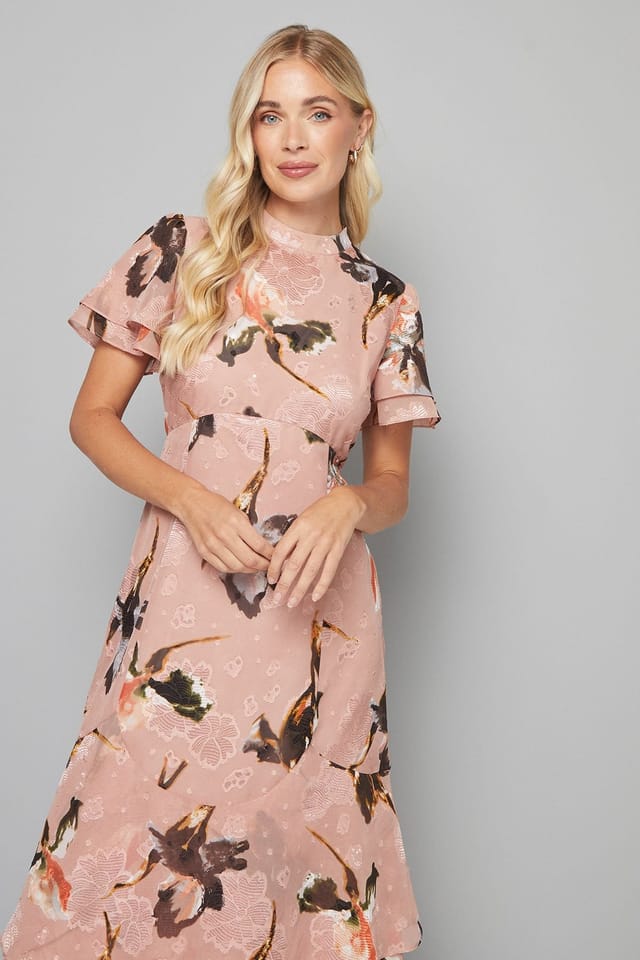 Wallis Wallis Women's Petite Floral Burn Out Ruffle Midi Dress in Blush - 2