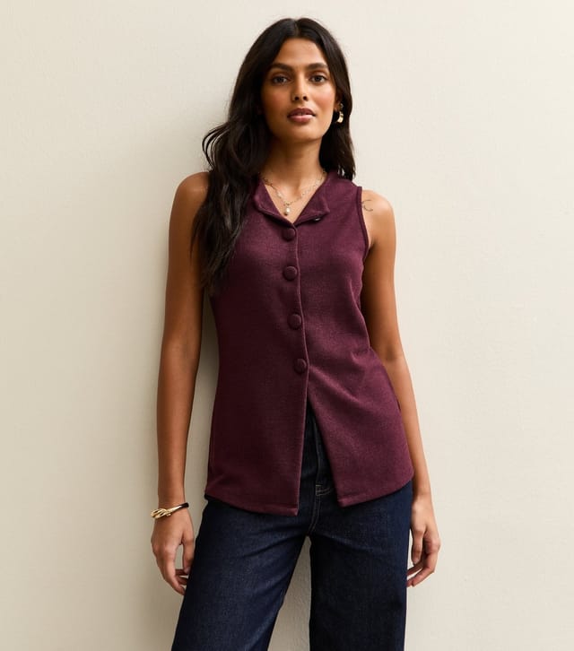 New Look Women's Burgundy Soft Touch Compact Knit Split Front Waistcoat New Look - 2