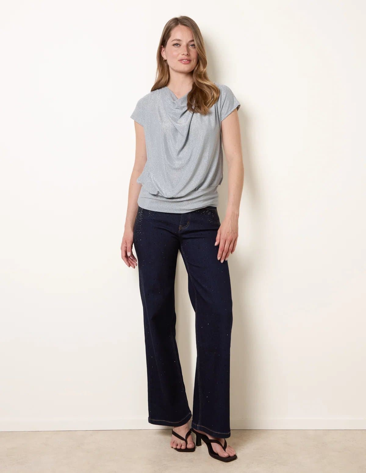 Blue Vanilla Metallic Cowl Neck Draped Top
