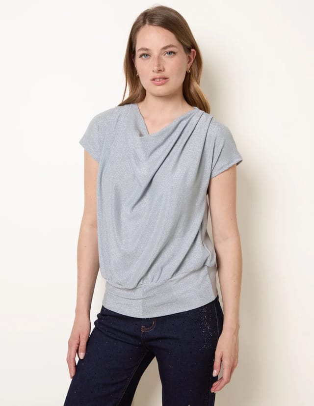 Blue Vanilla Metallic Cowl Neck Draped Top - 3
