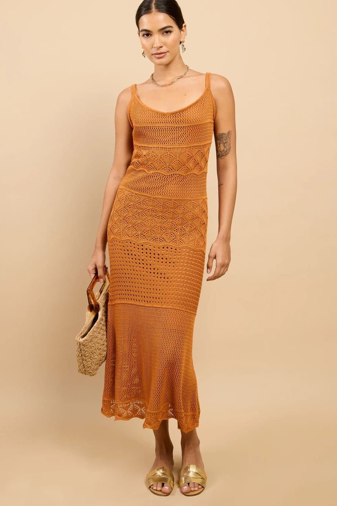 Little Mistress Little Mistress Tan Crochet Midi Dress