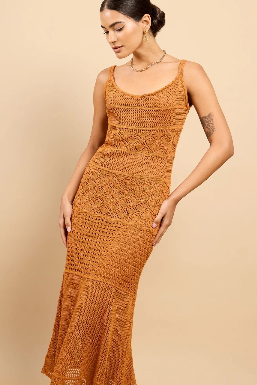 Little Mistress Little Mistress Women's Brown Crochet Midaxi Dress in Tan - 4