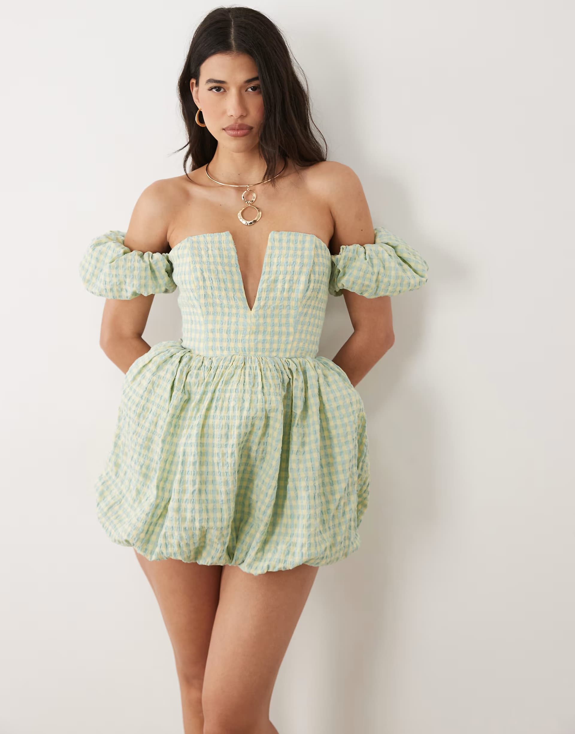 ASOS ASOS LUXE puffball mini dress in blue and yellow gingham