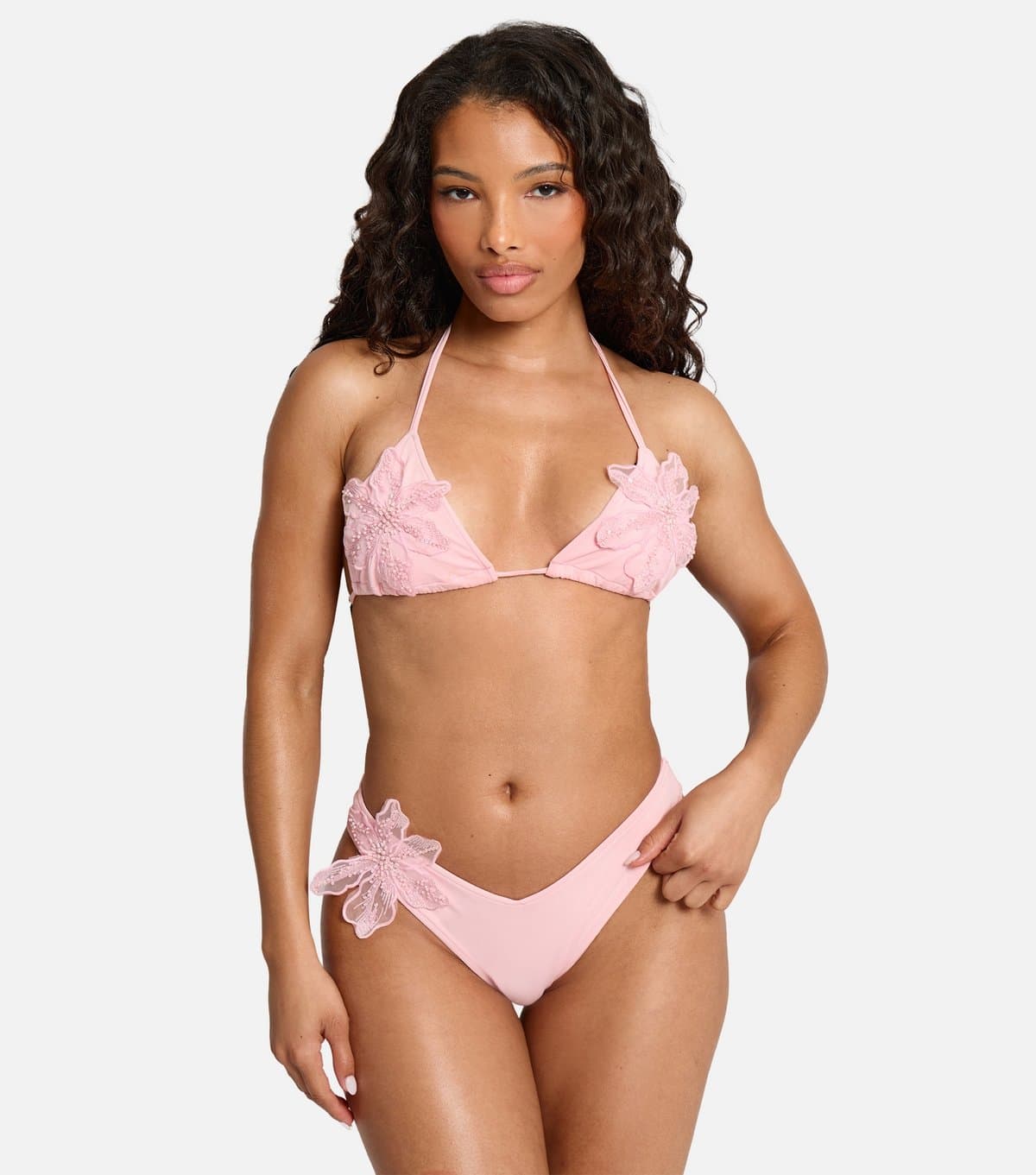 Public Desire Women's Light Pink Flower Appliqué Triangle Bikini Top Public Desire New Look