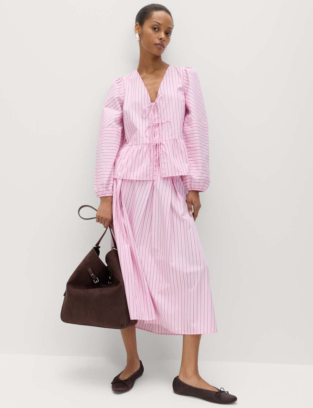 Marks & Spencer M&S Pure Cotton Striped Tie Front Long Sleeve Blouse Pink Mix