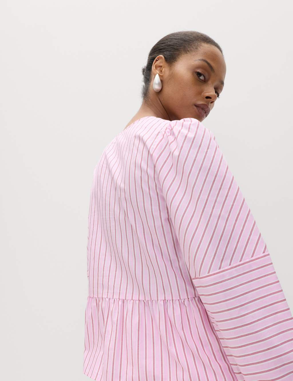 Marks & Spencer M&S Pure Cotton Striped Tie Front Long Sleeve Blouse Pink Mix - 2