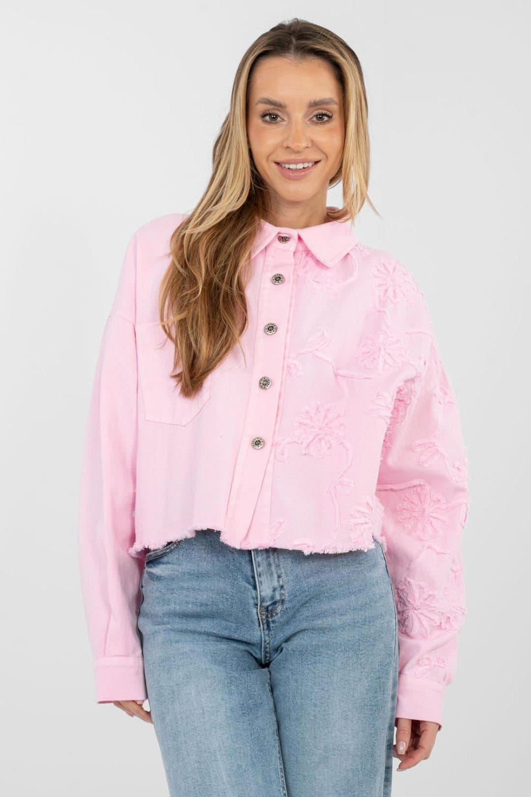 Love Lace Love Lace Women's Short Denim Jacket With Floral Embroidery in Pink
