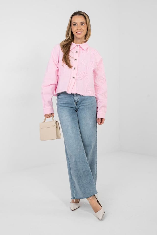 Love Lace Love Lace Women's Short Denim Jacket With Floral Embroidery in Pink - 2
