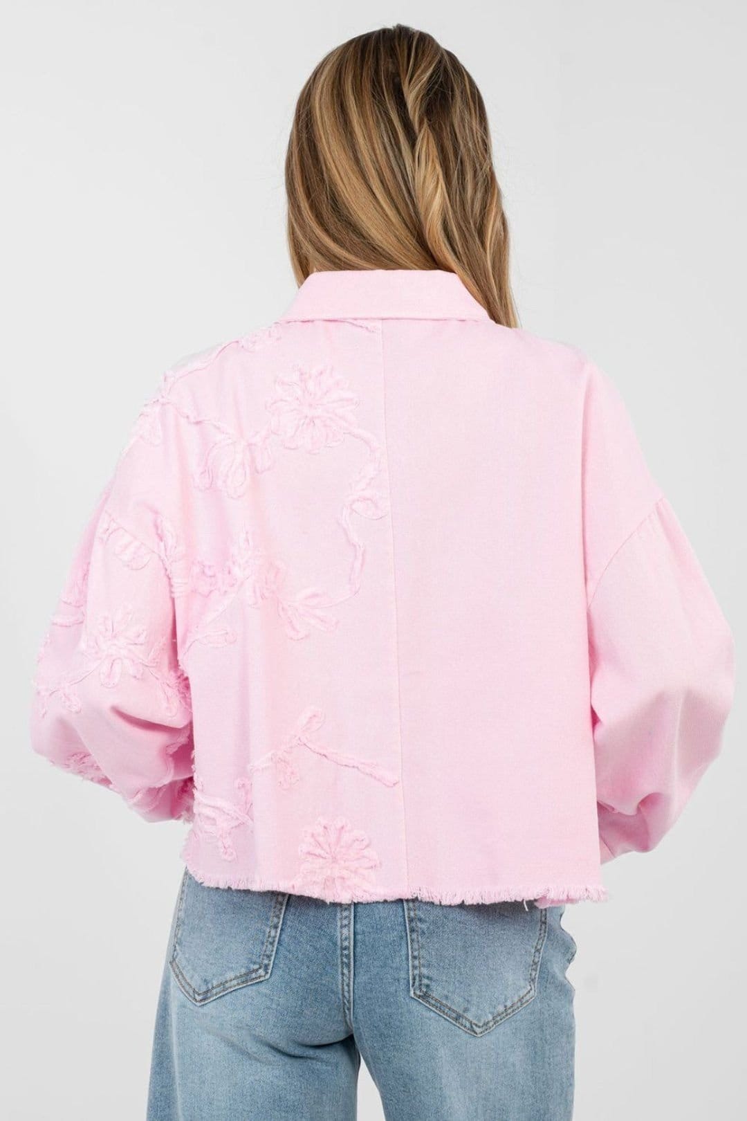 Love Lace Love Lace Women's Short Denim Jacket With Floral Embroidery in Pink - 4