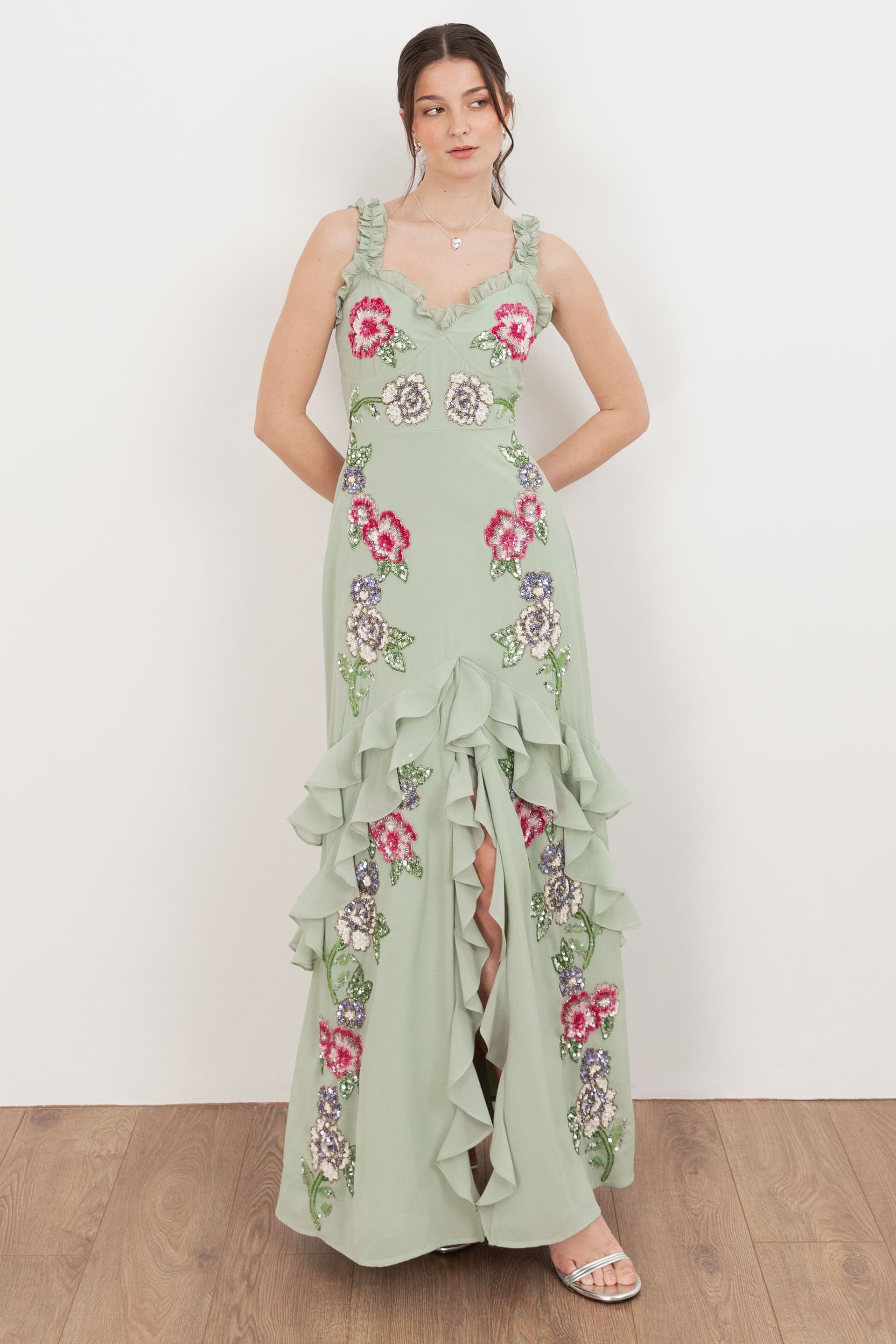 Maya Deluxe Maya Deluxe Women's Floral Embellished Ruffle Cami Maxi Dress in Mint
