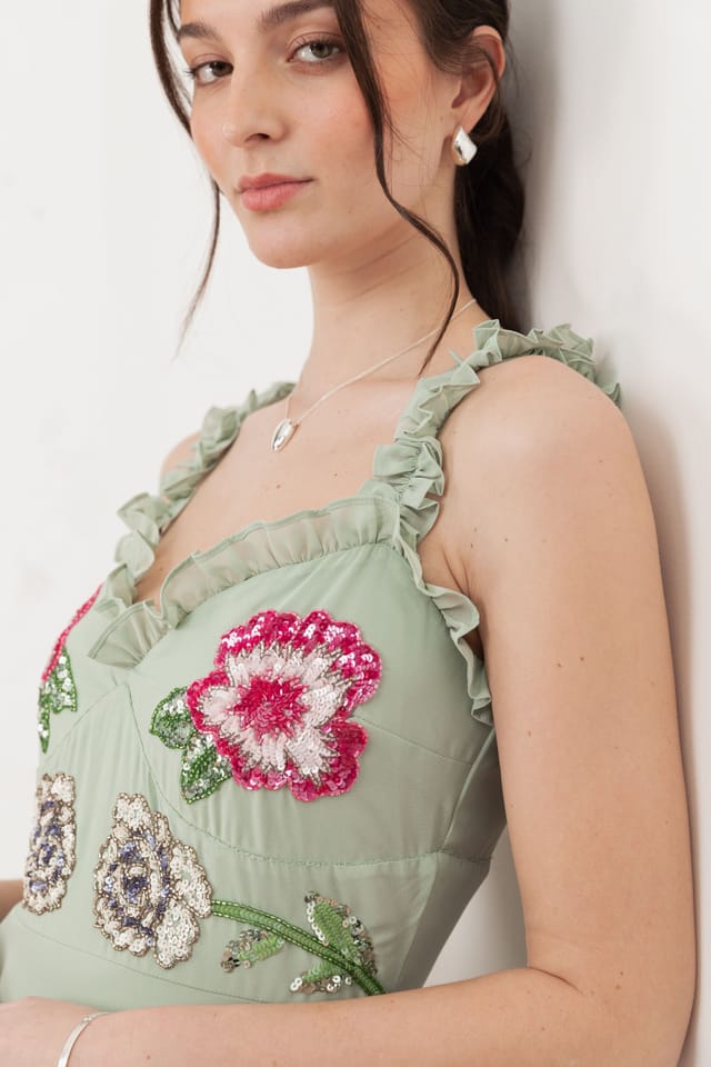 Maya Deluxe Maya Deluxe Women's Floral Embellished Ruffle Cami Maxi Dress in Mint - 3