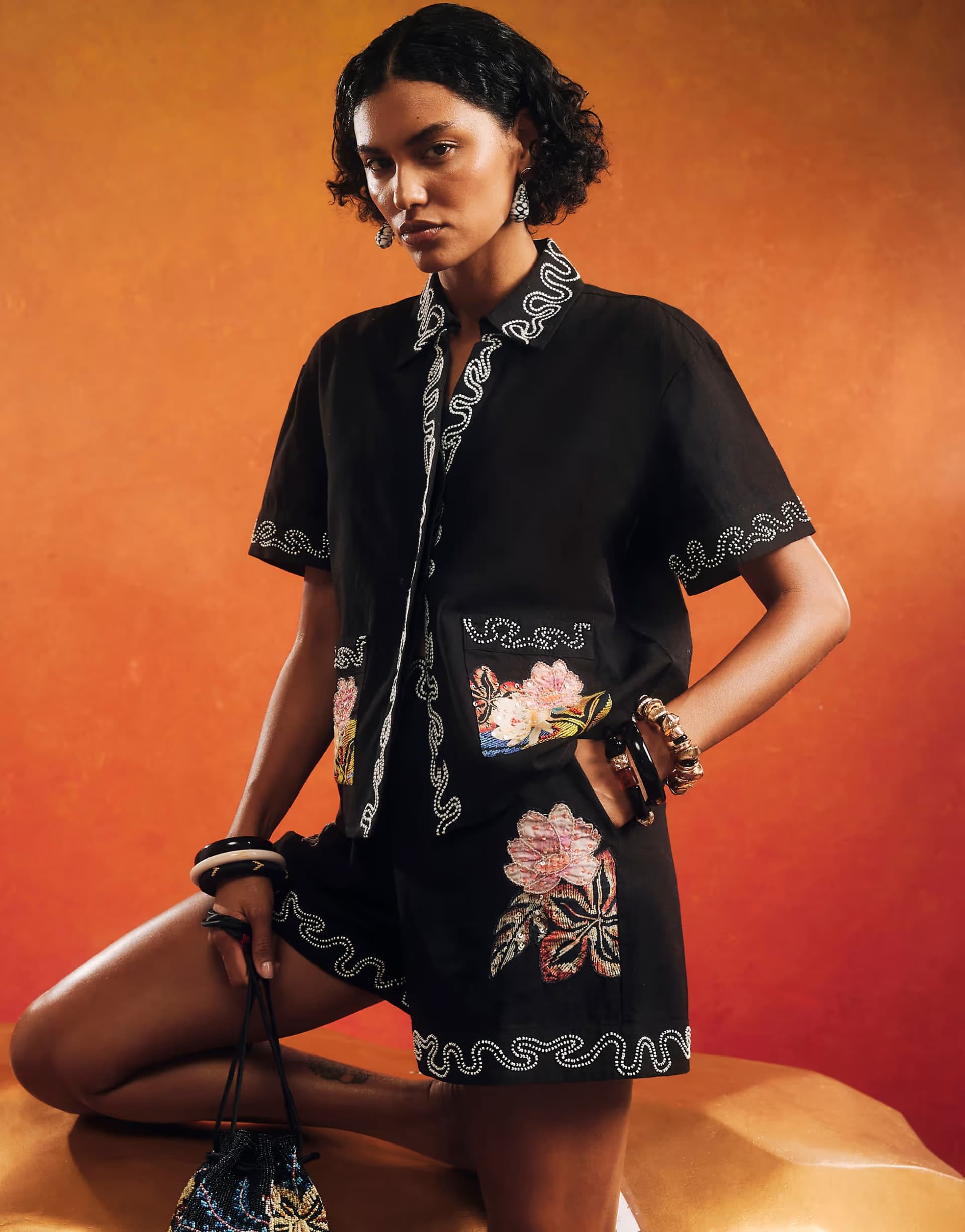 ASOS River Island Beaded floral shorts in black