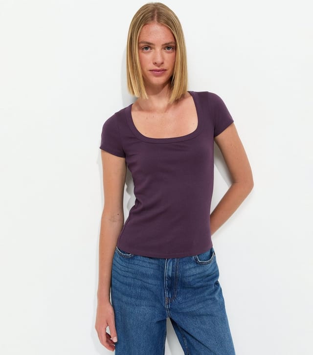 New Look Women's Dark Purple Cotton Rich Square Neck T-Shirt New Look - 2
