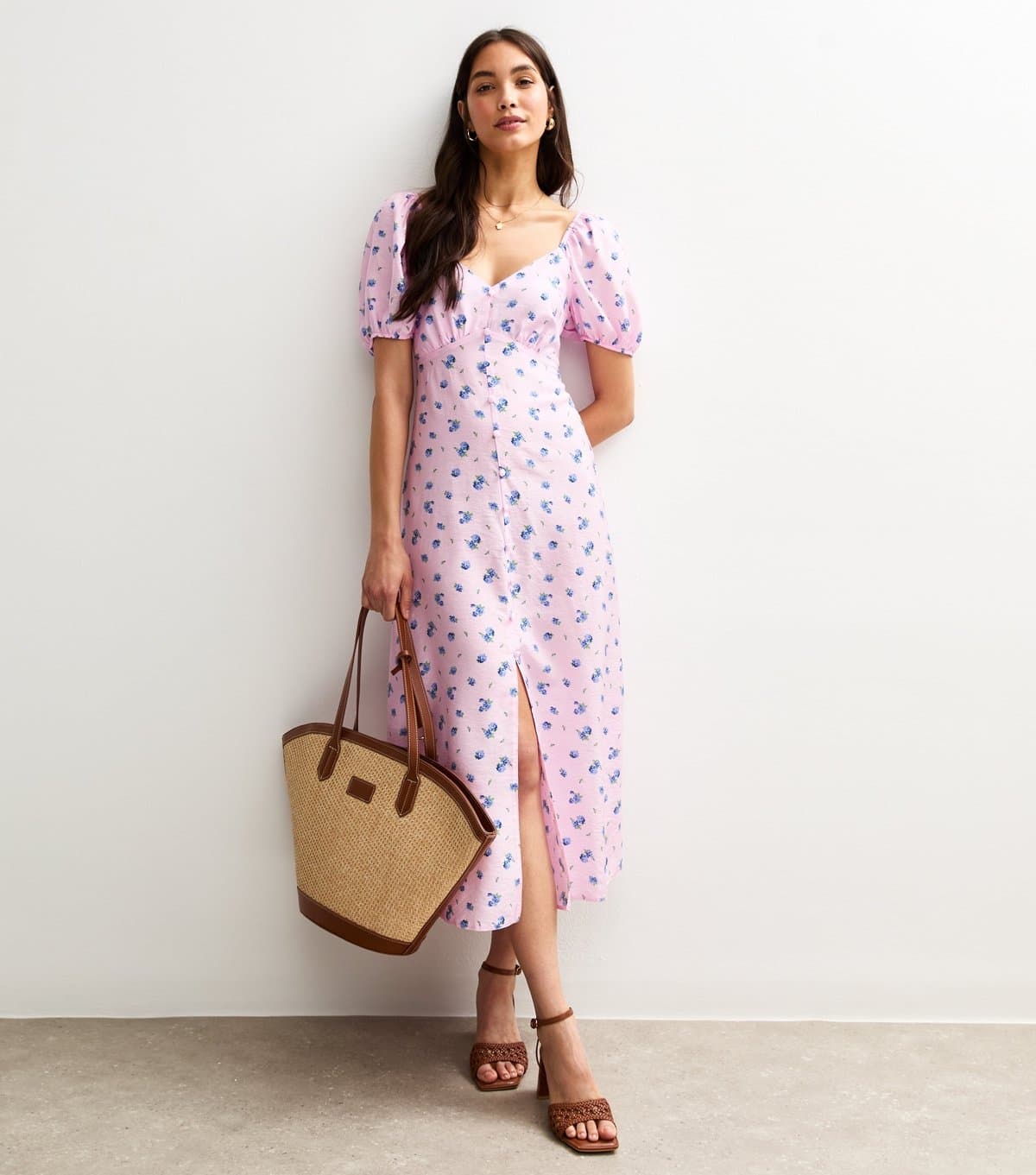 New Look Women's Pink Floral Print Puff Sleeve Tiered Midi Dress New Look