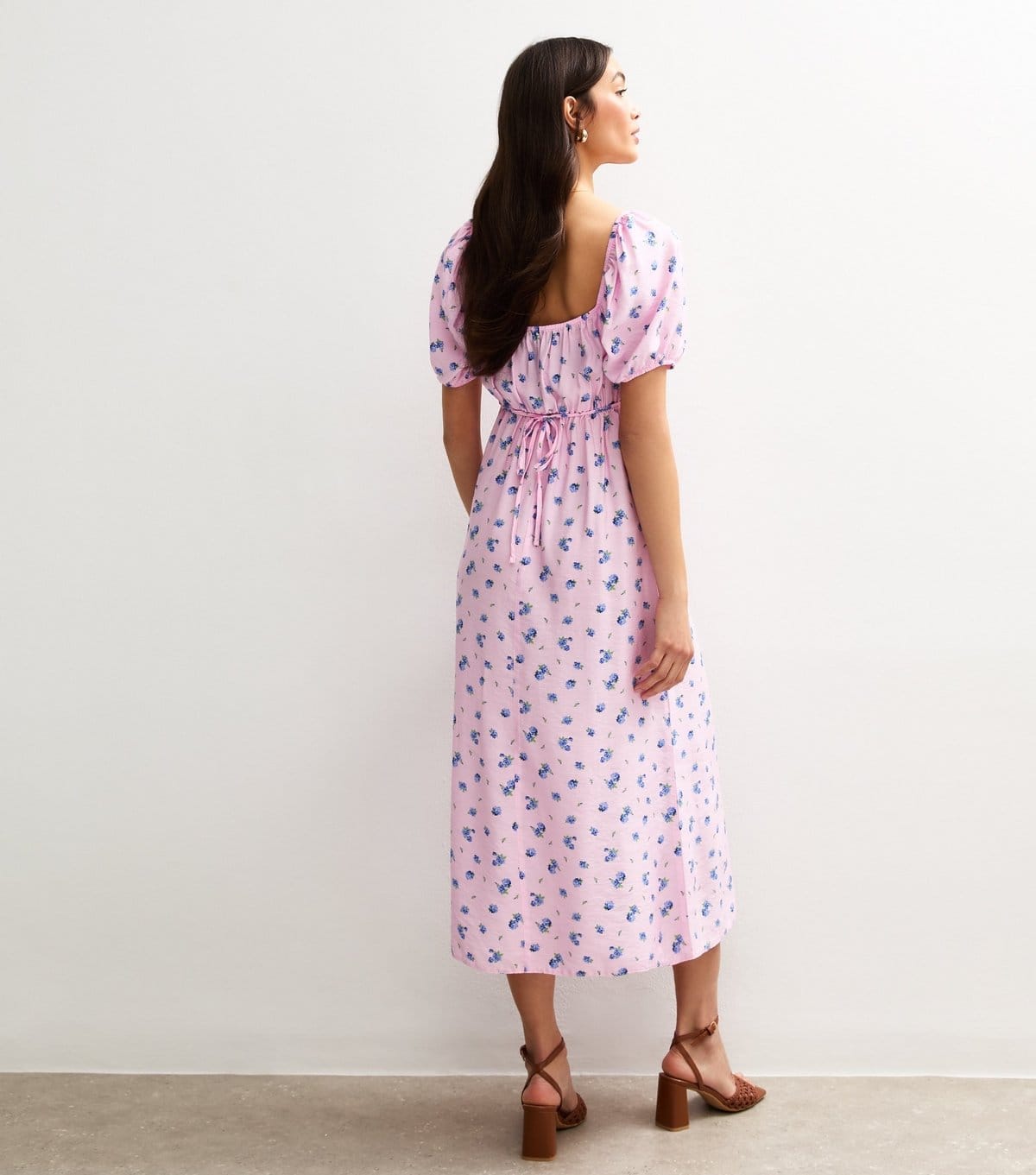 New Look Women's Pink Floral Print Puff Sleeve Tiered Midi Dress New Look - 4
