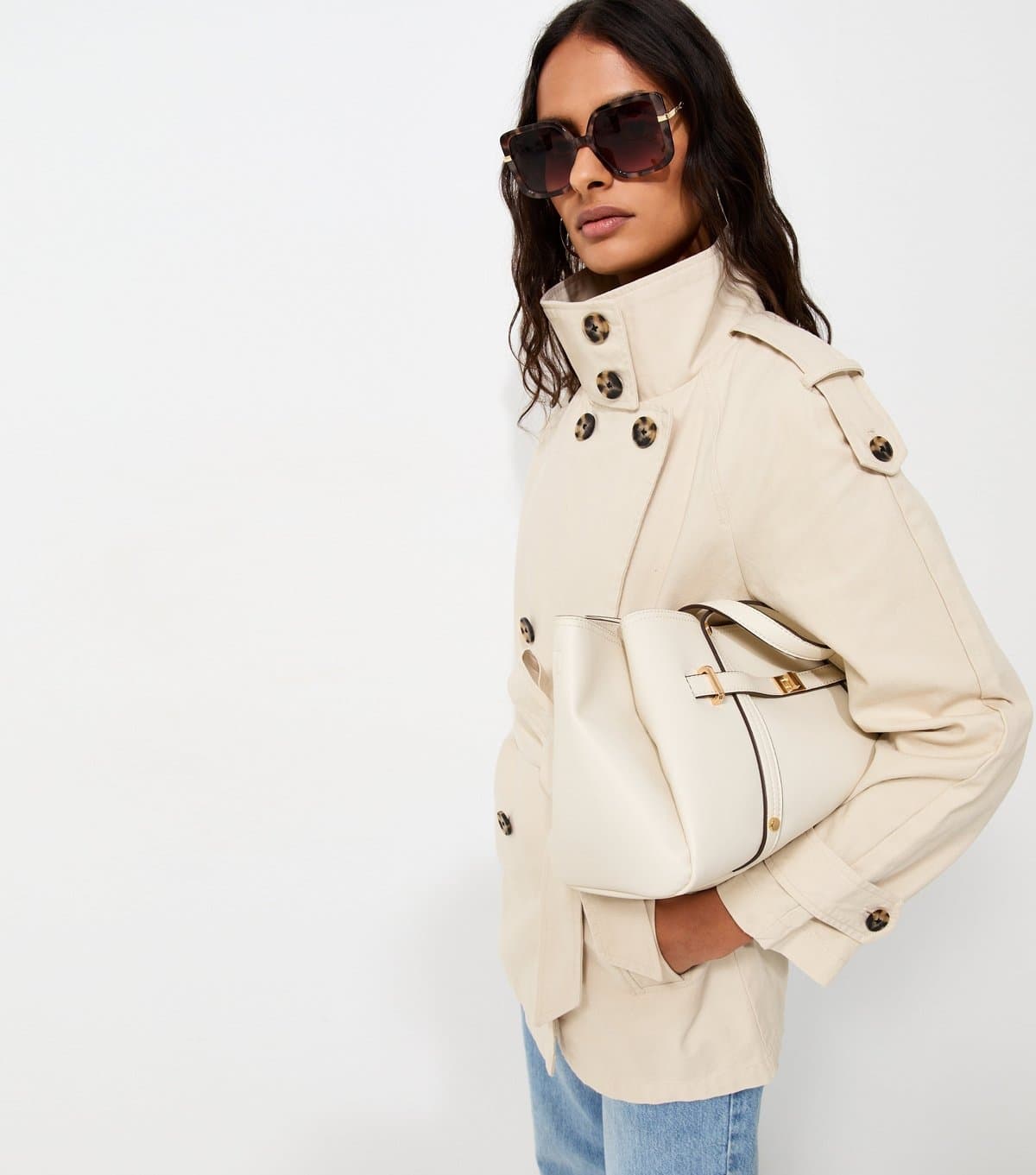 New Look New Look Stone Cotton Funnel Neck Tie Waist Trench Jacket