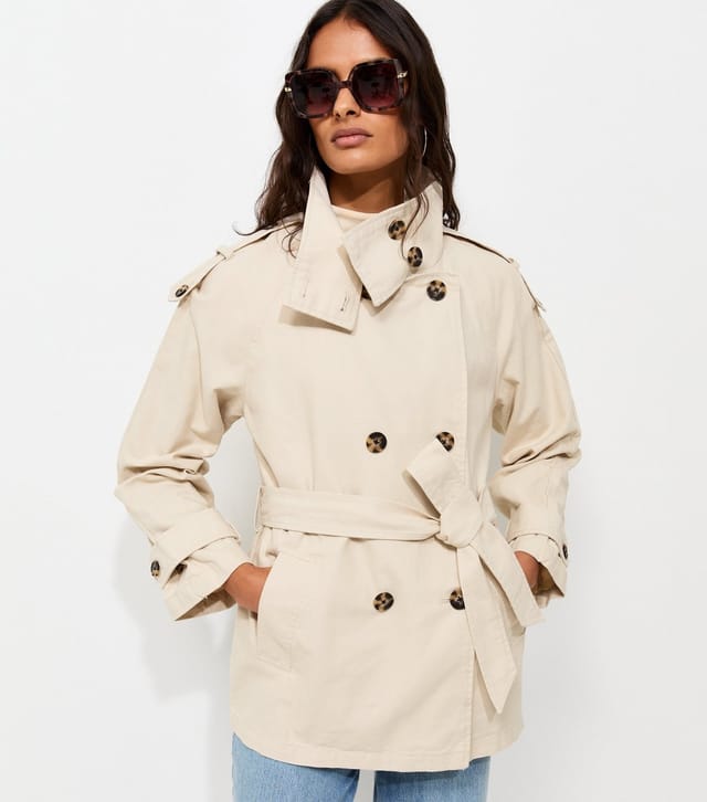 New Look Women's Stone Cotton Funnel Neck Tie Waist Trench Jacket New Look - 2