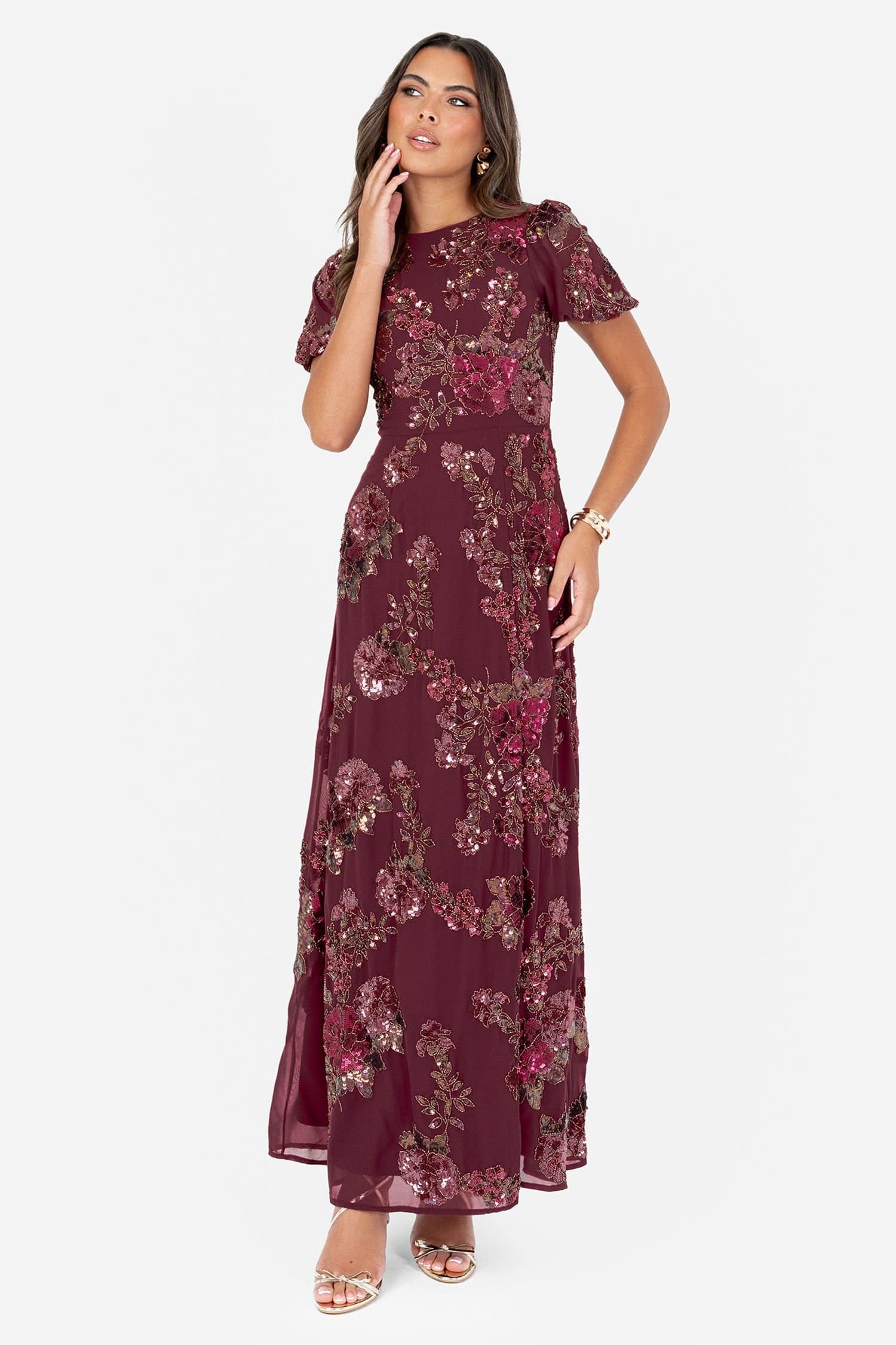 Maya Deluxe Maya Deluxe Women's Sequin Short Sleeve Tie Back Maxi Dress in Red