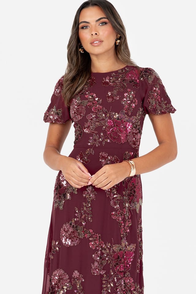 Maya Deluxe Maya Deluxe Women's Sequin Short Sleeve Tie Back Maxi Dress in Red - 3