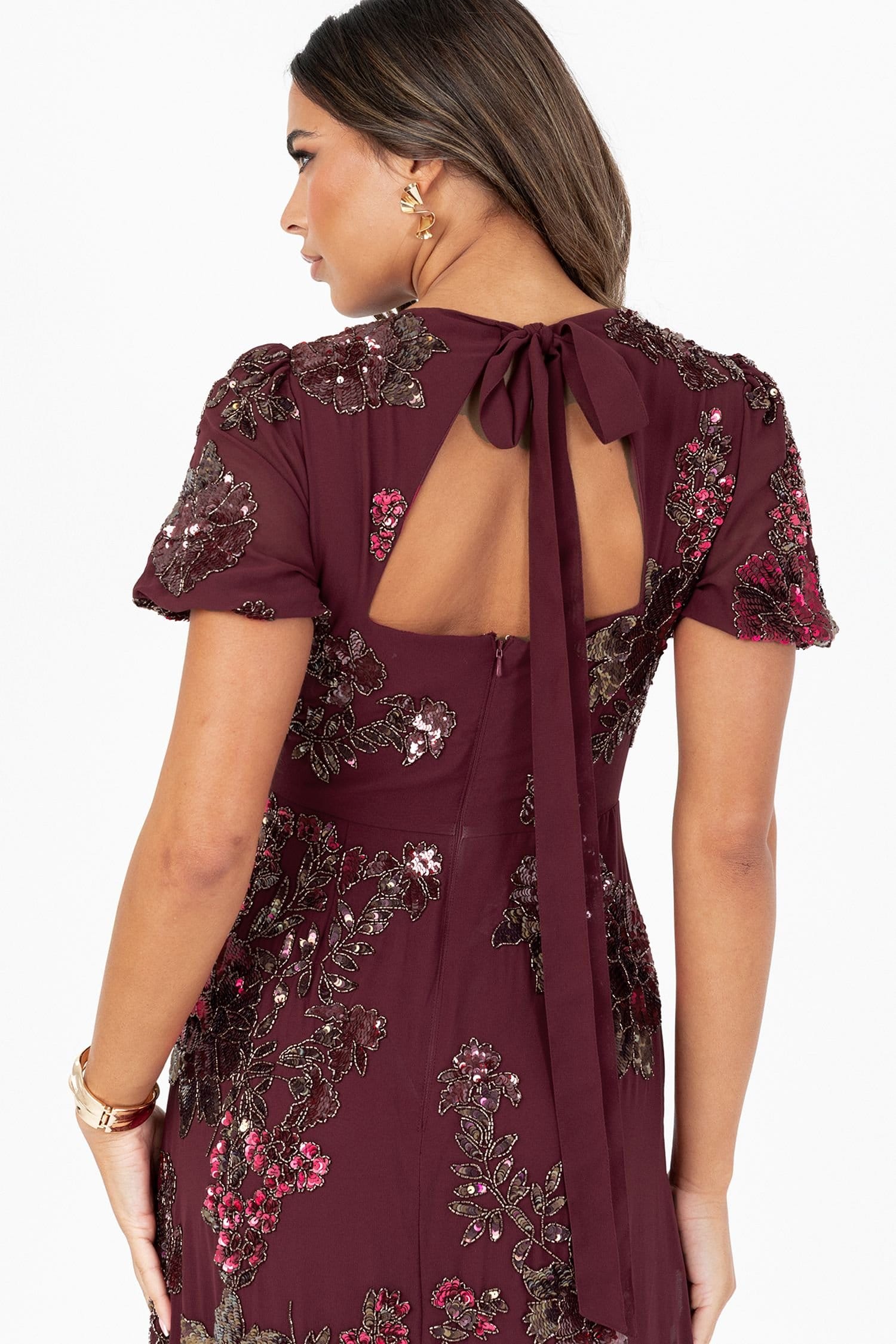 Maya Deluxe Maya Deluxe Women's Sequin Short Sleeve Tie Back Maxi Dress in Red - 4