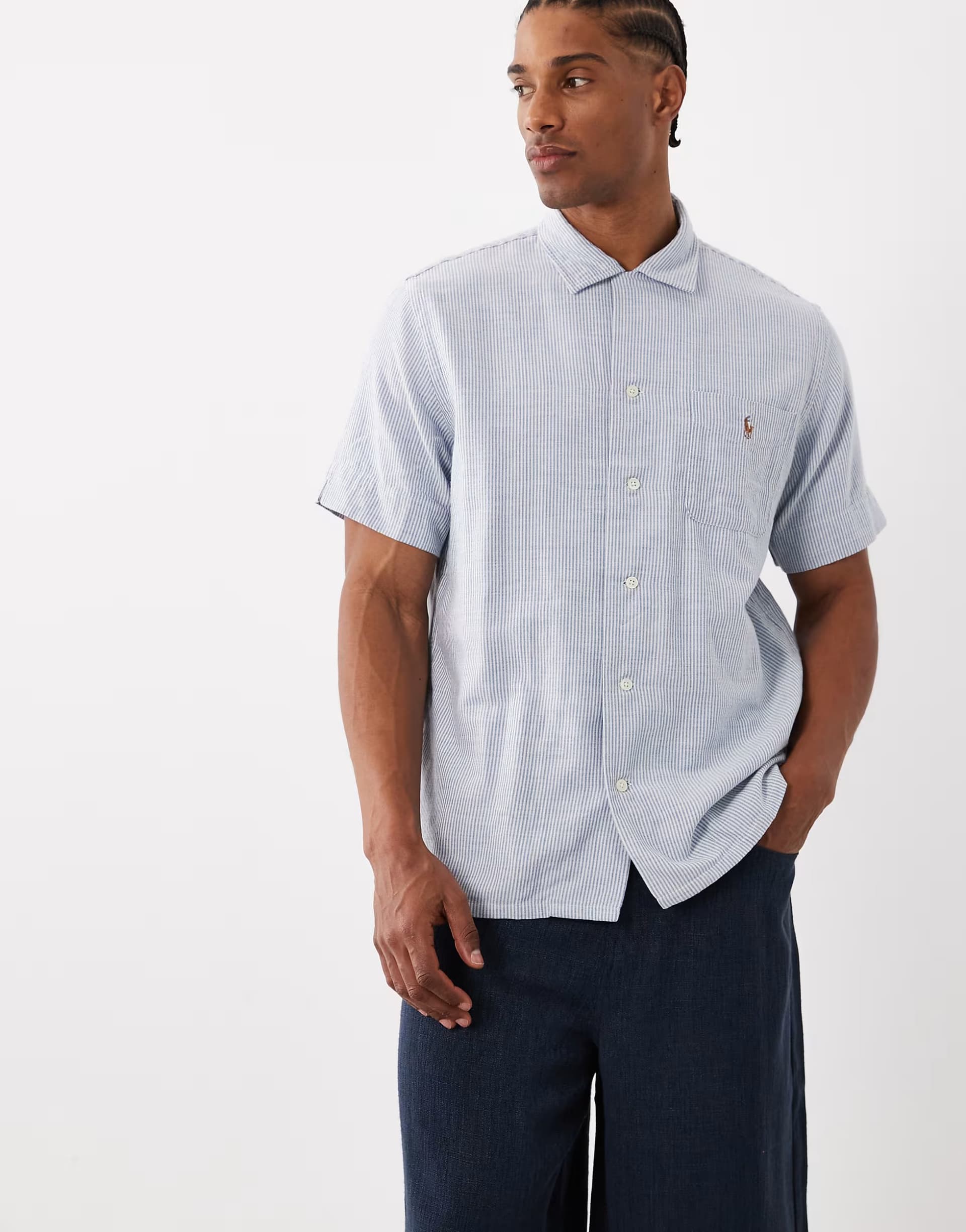 ASOS Polo Ralph Lauren icon logo short sleeve striped print shirt in blue and white
