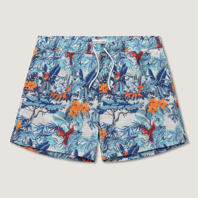 Panos Emporio Panos Emporio Men's Classic swimshort hibiscus in multi tropical scene with back pocket - 2