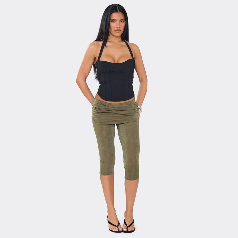 EGO Mid Rise Fold Over Waist Capri Trousers In Khaki Green., Women's Size UK 6 - 1