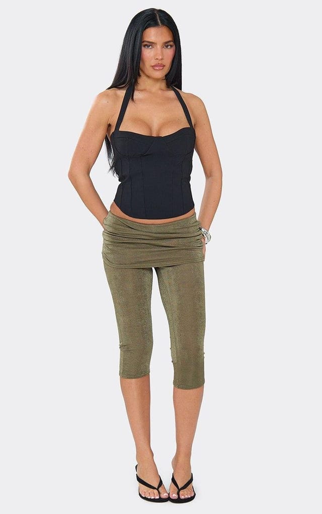 EGO Mid Rise Fold Over Waist Capri Trousers In Khaki Green., Women's Size UK 6 - 2