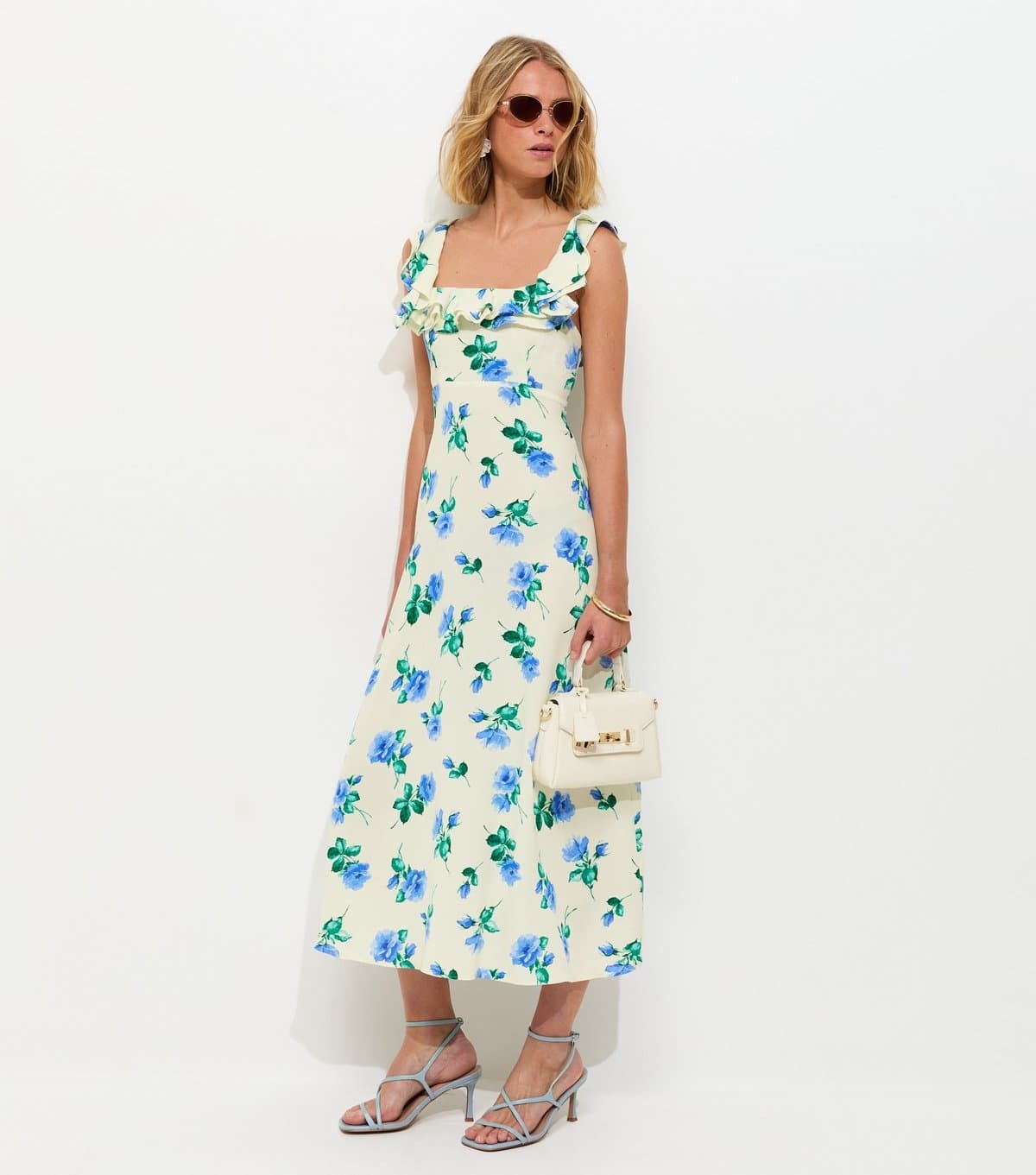 New Look Women's Cream Floral Ruffled Square Neck Midi Dress New Look