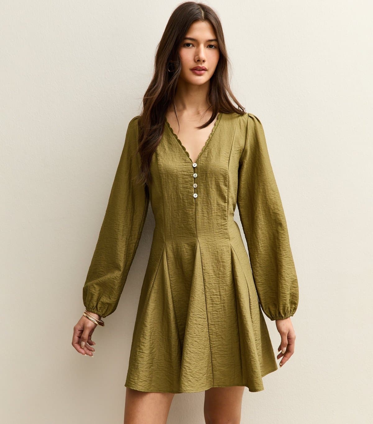New Look Women's Light Khaki Long Sleeve Godet Mini Dress New Look