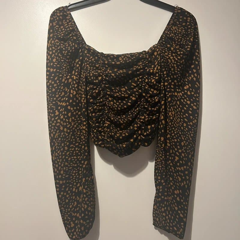 Topshop Topshop Tall Brown & Black Animal Print Ruched Long Sleeve Top - UK 10