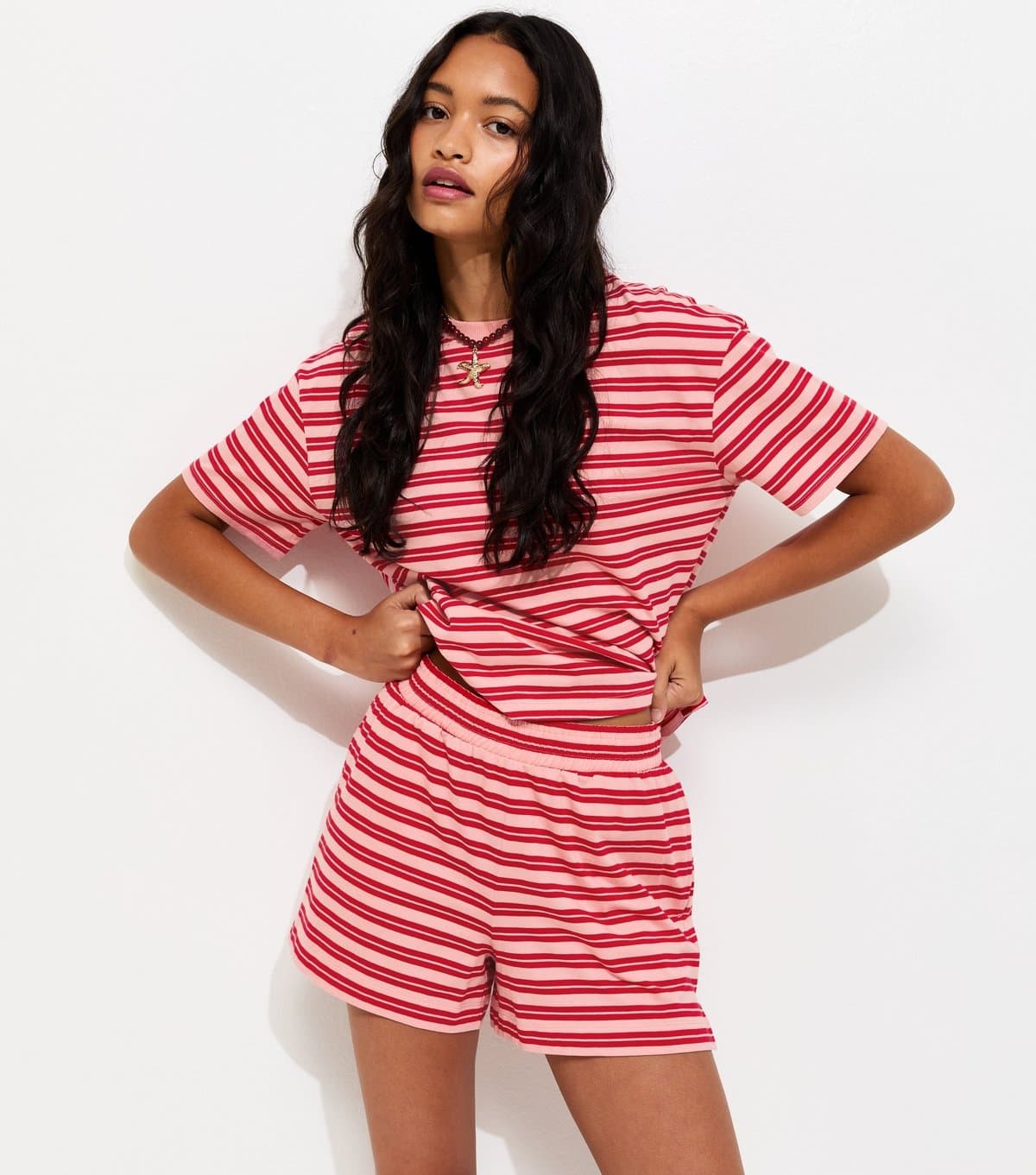 New Look Women's Pink and Red Cotton Striped Jogger Shorts New Look