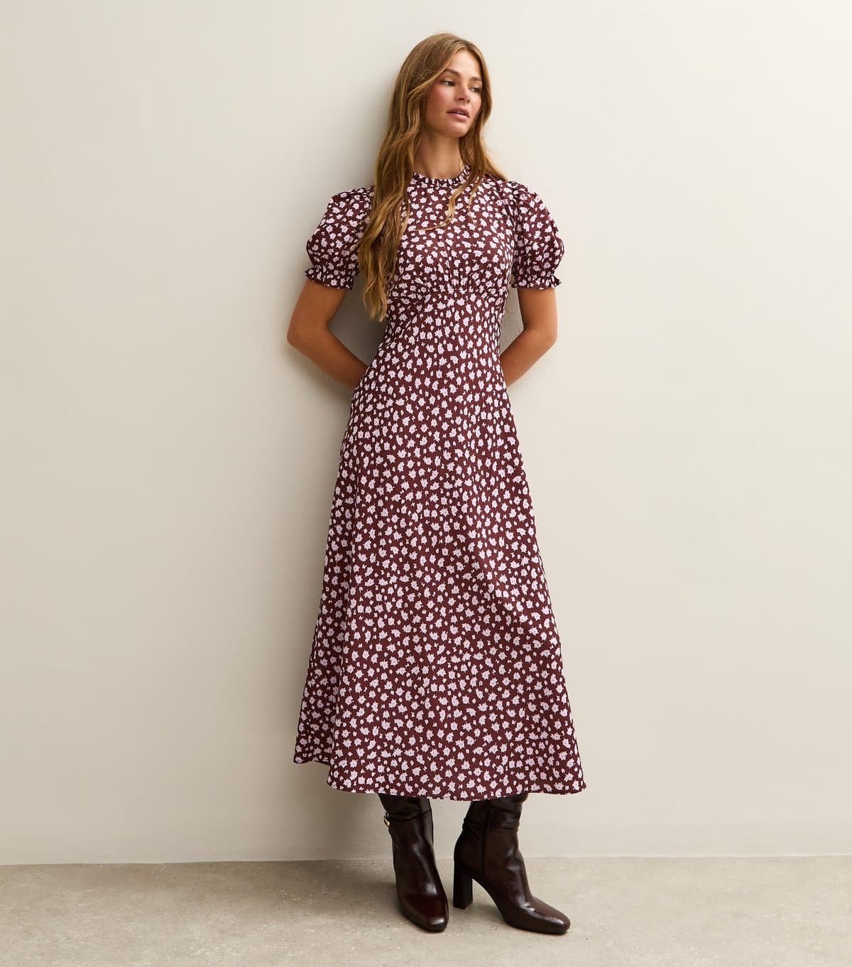 New Look Women's Purple Crepe Floral Print Midi Dress New Look