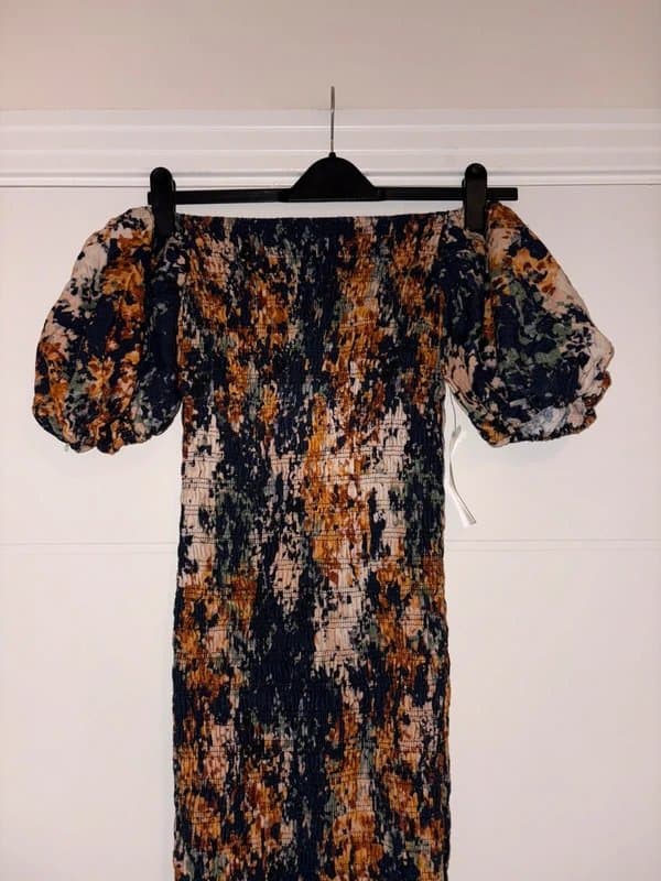Never Fully Dressed Never Fully Dressed Navy Orange Tie Dye Bandeau Puff Sleeve Midi Dress Size 10 wedding occasion